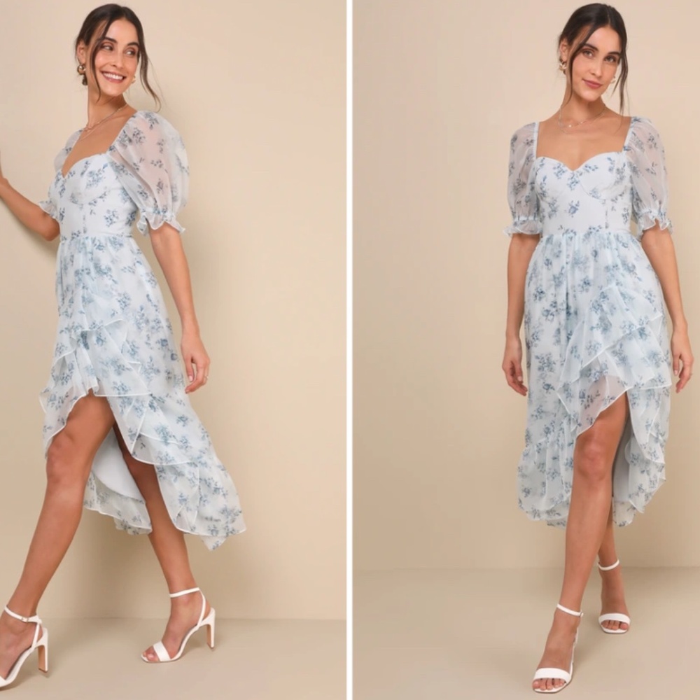 LULUS Floral Elegant Romantic Bustier Puff Sleeve Bustier Ruffle Midi Dress